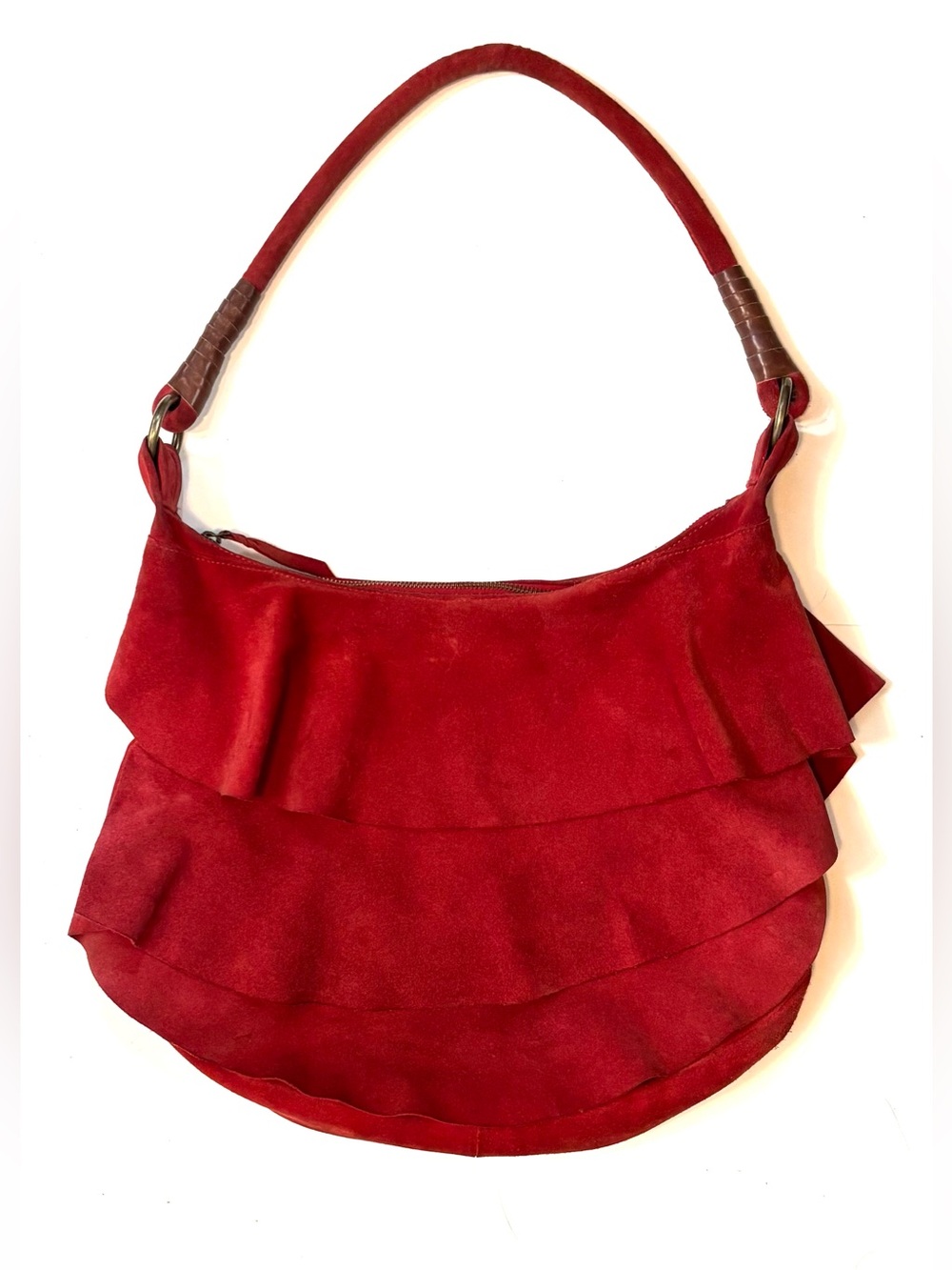 Mo&Co Red Suede Ruffle Hobo Shoulder Bag